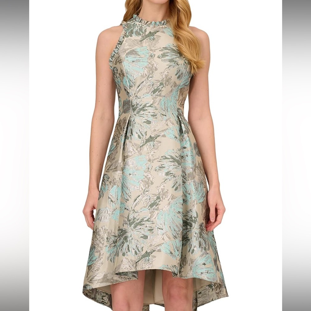 Adrianna Papell High Low Dress in Blue and Beige